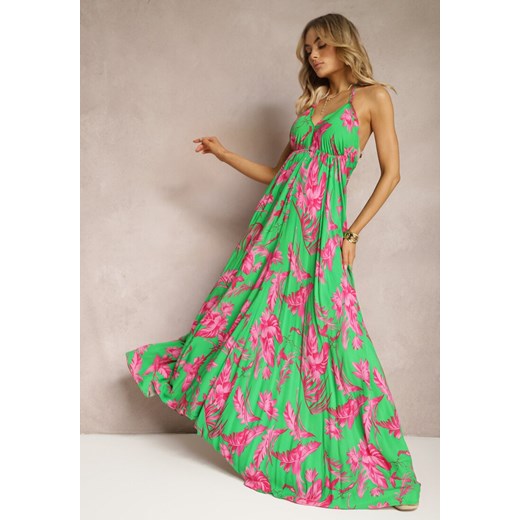 Zielona Sukienka Maxi z Wiązanymi Ramiączkami i Rozkloszowanym Dołem z Wiskozy w Kwiaty Rakussa ze sklepu Renee odzież w kategorii Sukienki - zdjęcie 170495873