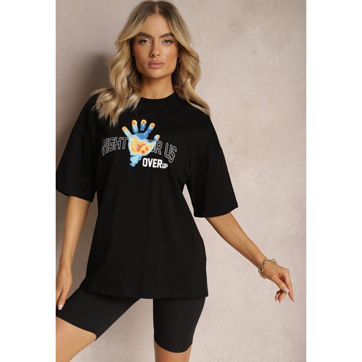 Czarny Bawełniany T-shirt z Nadrukami z Przodu i z Tyłu Dianara Renee 2XL okazyjna cena Renee odzież
