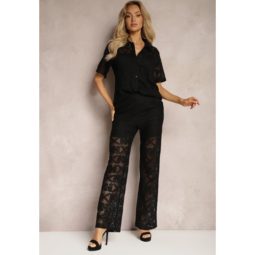 Czarne Szerokie Spodnie z Koronki z Ażurowymi Wycięciami Ardicana ze sklepu Renee odzież w kategorii Spodnie damskie - zdjęcie 170495963