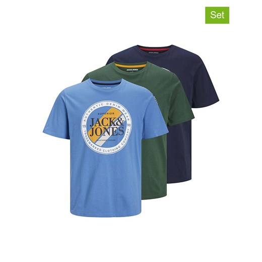 Jack &amp; Jones Koszulki (3 szt.) w kolorze błękitnym, oliwkowym i granatowym ze sklepu Limango Polska w kategorii T-shirty męskie - zdjęcie 170497251