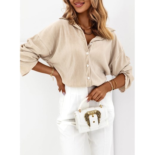 Beżowa plisowana bluzka koszulowa Maija - beżowy ze sklepu pakuten.pl w kategorii Koszule damskie - zdjęcie 170497863