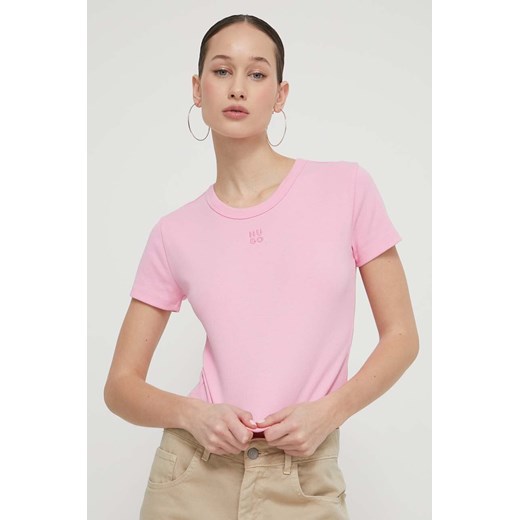 HUGO t-shirt damski kolor różowy 50512000 ze sklepu ANSWEAR.com w kategorii Bluzki damskie - zdjęcie 170510480