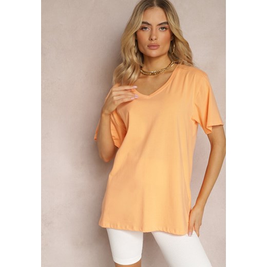 Pomarańczowy Bawełniany T-shirt z Dekoltem w Serek Fiscala ze sklepu Renee odzież w kategorii Bluzki damskie - zdjęcie 170523202