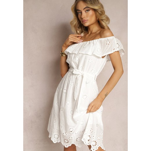 Biała Hiszpanka Sukienka z Haftowanym Wzorem Wiązana w Talii Florana ze sklepu Renee odzież w kategorii Sukienki - zdjęcie 170523483