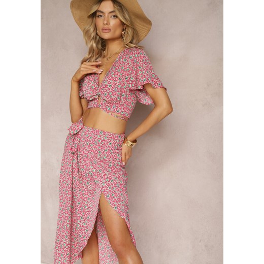 Różowy Kopertowy Komplet z Wiskozy ze Spódnicą i Bluzką Miviane ze sklepu Renee odzież w kategorii Komplety i garnitury damskie - zdjęcie 170523531