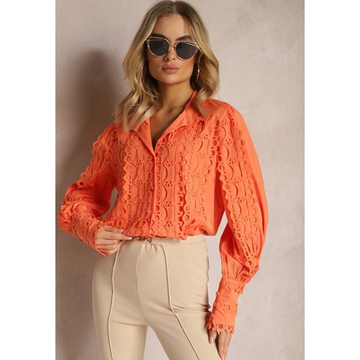 Pomarańczowa Ażurowa Koszula z Elegancką Stójką Manuella ze sklepu Renee odzież w kategorii Koszule damskie - zdjęcie 170529132