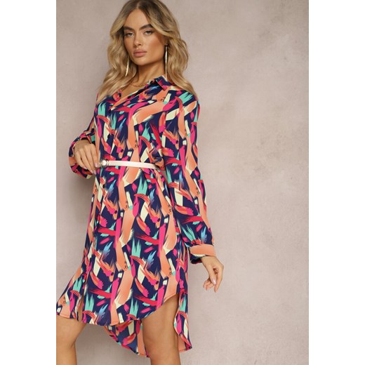 Granatowo-Różowa Długa Koszula na Guziki z Geometrycznymi Wzorami Lakiria ze sklepu Renee odzież w kategorii Sukienki - zdjęcie 170529322