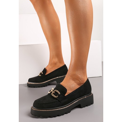 Czarne Mokasyny Wsuwane na Grubej Podeszwie z Cyrkoniami i Metalową Ozdobą 39 okazyjna cena born2be.pl