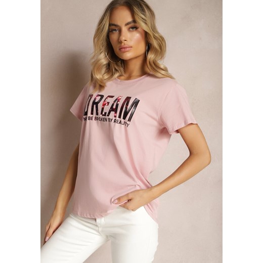 Różowy Bawełniany T-shirt z Ozdobnym Napisem Vespena ze sklepu Renee odzież w kategorii Bluzki damskie - zdjęcie 170542091