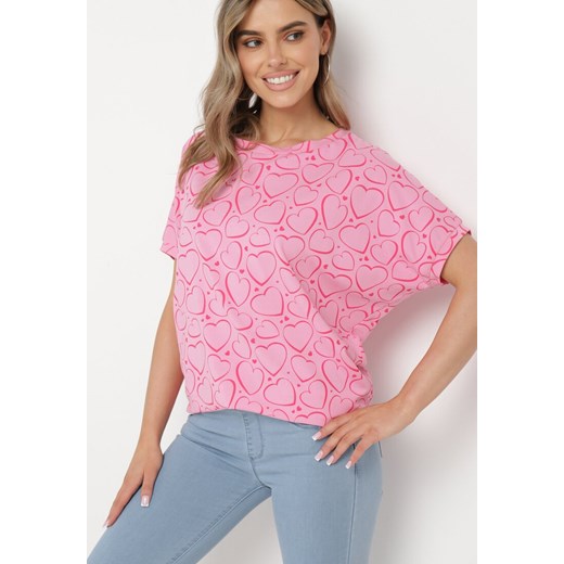 Różowy T-shirt z Bawełny z Rękawami Typu Nietoperz i Serduszkami Diralca ze sklepu Born2be Odzież w kategorii Bluzki damskie - zdjęcie 170542491