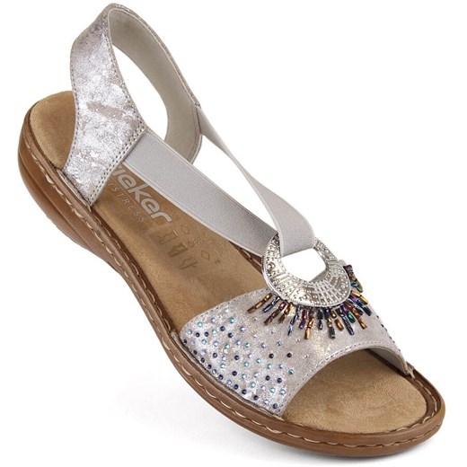 Komfortowe sandały damskie wsuwane z gumką metallic Rieker 60880-90 srebrny ze sklepu ButyModne.pl w kategorii Sandały damskie - zdjęcie 170568891