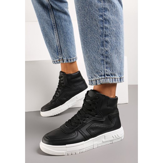 Czarne Płaskie Sznurowane Sneakersy z Cholewką za Kostkę Targia ze sklepu born2be.pl w kategorii Buty sportowe damskie - zdjęcie 170577561