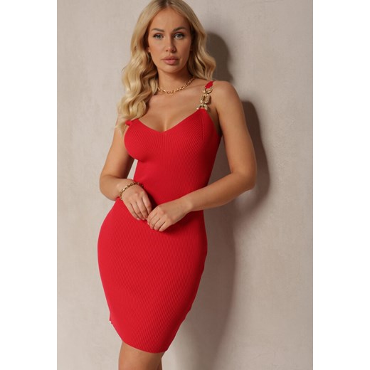 Czerwona Prążkowana Sukienka z Wycięciami na Dekolcie o Dopasowanym Fasonie Ninona ze sklepu Renee odzież w kategorii Sukienki - zdjęcie 170579881