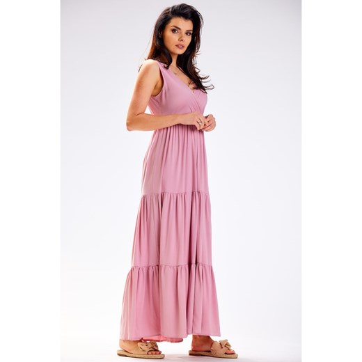 Sukienka AWAMA maxi elegancka różowa z dekoltem w serek na ramiączkach 