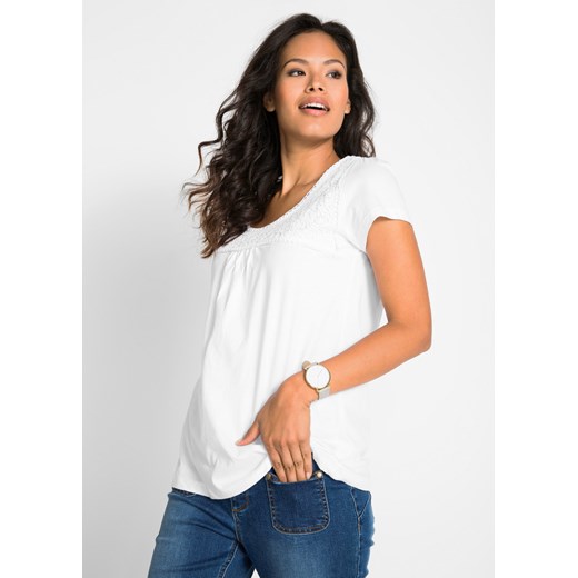Shirt bawełniany z koronką i krótkim rękawem ze sklepu bonprix w kategorii Bluzki damskie - zdjęcie 170590103