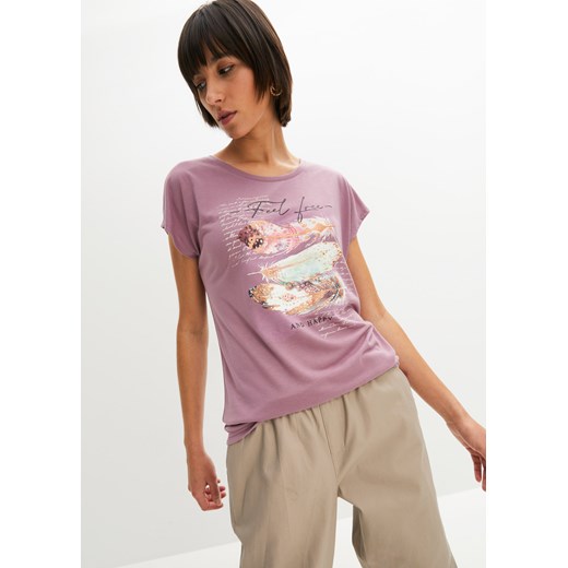 T-shirt z nadrukiem w pióra ze sklepu bonprix w kategorii Bluzki damskie - zdjęcie 170620430