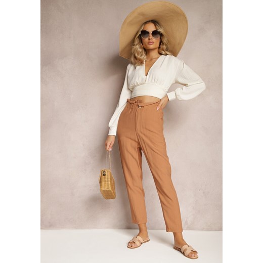 Brązowe Klasyczne Spodnie z Elastyczną Talią Paper Bag Targea ze sklepu Renee odzież w kategorii Spodnie damskie - zdjęcie 170627641