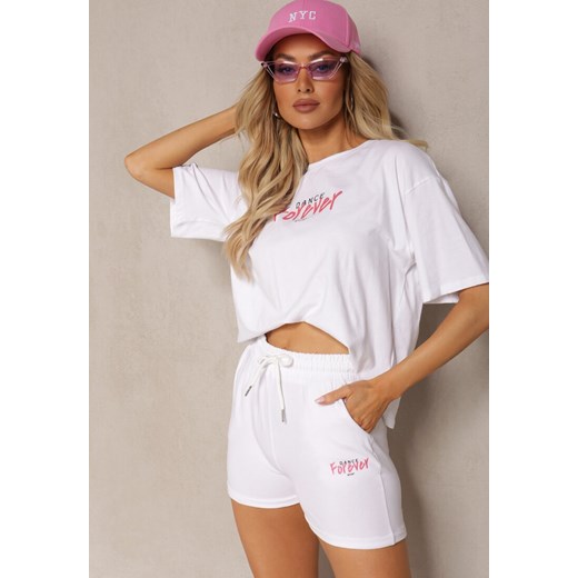 Biały Bawełniany Komplet Letni T-shirt z Szortami Ozdobione Napisami Amaila ze sklepu Renee odzież w kategorii Komplety i garnitury damskie - zdjęcie 170627681
