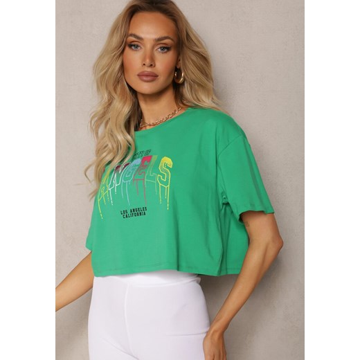 Zielony Bawełniany T-shirt Crop Top z Ozdobną Aplikacją Axindra ze sklepu Renee odzież w kategorii Bluzki damskie - zdjęcie 170627691