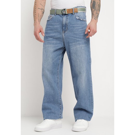 Niebieskie Klasyczne Jeansy z Przetarciami i Materiałowym Paskiem Ramalua ze sklepu Born2be Odzież w kategorii Jeansy męskie - zdjęcie 170628322