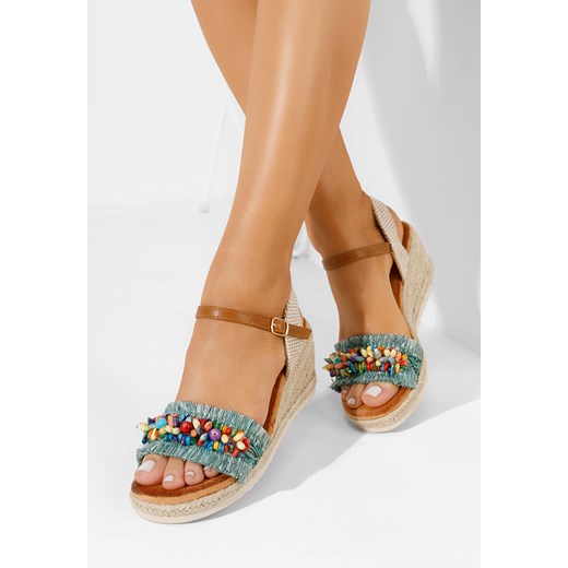 Sandały damskie Zapatos z tkaniny na koturnie z klamrą 