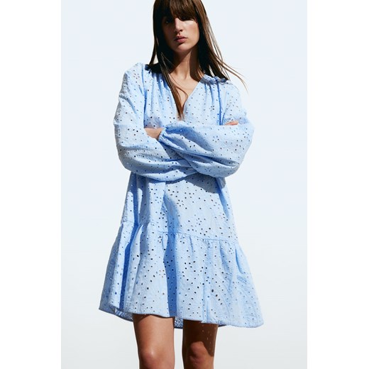 H & M sukienka z długim rękawem casualowa niebieska mini z dekoltem w serek 