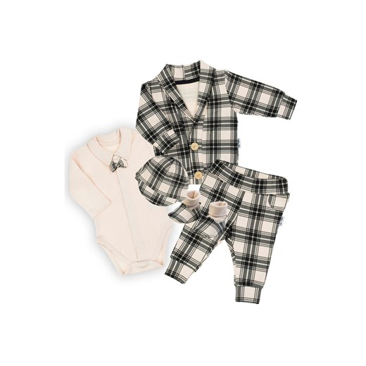 Komplet bawełniany niemowlęcy czapka + bluza + spodnie + body + butki w kratkę czarny ze sklepu 5.10.15 w kategorii Ubranka do chrztu - zdjęcie 170641971