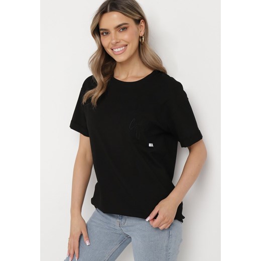 Czarny Bawełniany T-shirt o Klasycznym Fasonie z Kieszonką  Asettia ze sklepu Born2be Odzież w kategorii Bluzki damskie - zdjęcie 170646621