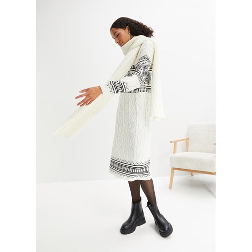 Sukienka dzianinowa w norweski wzór, w długości do kolan, rękawy balonowe ze sklepu bonprix w kategorii Sukienki - zdjęcie 170649373