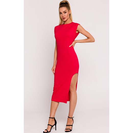 Sukienka z wycięciem na nogę - czerwona M787, Kolor czerwony, Rozmiar L, MOE ze sklepu Primodo w kategorii Sukienki - zdjęcie 170681314
