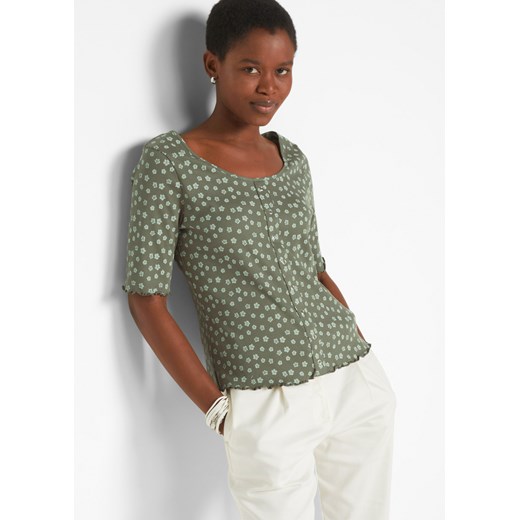 Shirt w prążek z kwiatowym nadrukiem, półdługie rękawy ze sklepu bonprix w kategorii Bluzki damskie - zdjęcie 170682352