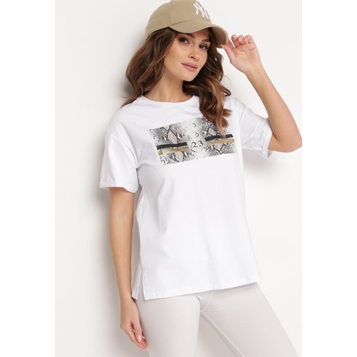 Biały Bawełniany T-shirt z Ozdobnym Nadrukiem Jalliana ze sklepu Born2be Odzież w kategorii Bluzki damskie - zdjęcie 170688453