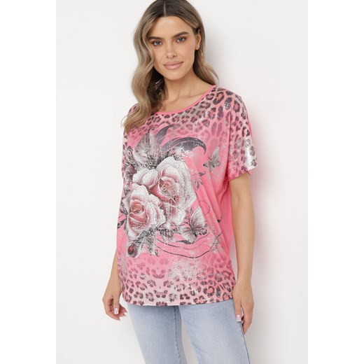 Różowy Bawełniany T-shirt o Fasonie Nietoperza z Metalicznym Nadrukiem Brielltia L wyprzedaż Born2be Odzież