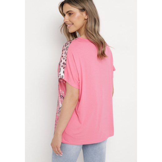Różowy Bawełniany T-shirt o Fasonie Nietoperza z Metalicznym Nadrukiem Brielltia L okazyjna cena Born2be Odzież