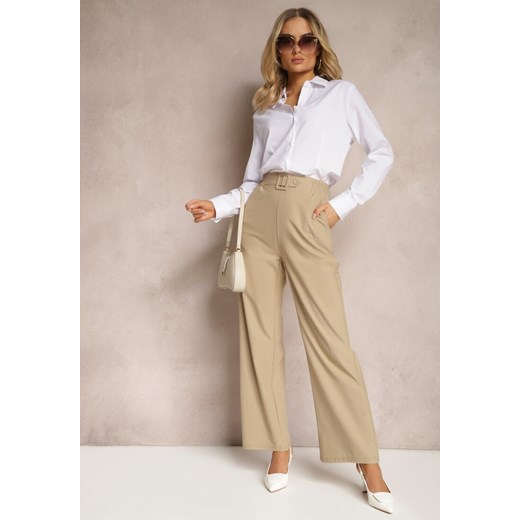 Beżowe Spodnie Szerokie w Stylu Paper Bag z Materiałowym Paskiem Xennia ze sklepu Renee odzież w kategorii Spodnie damskie - zdjęcie 170710890