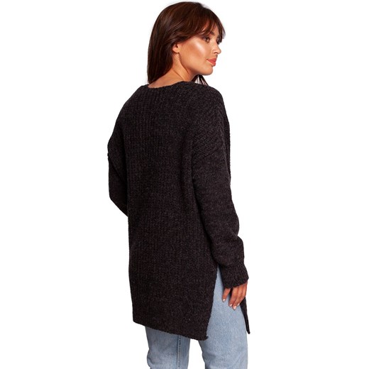 Długi wełniany sweter z dekoltem i rozcięciami antracytowy BK087, Kolor S/M okazja Primodo
