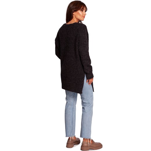 Długi wełniany sweter z dekoltem i rozcięciami antracytowy BK087, Kolor S/M okazja Primodo