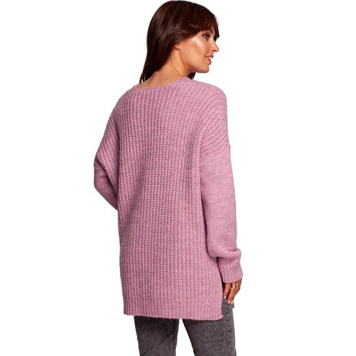 Długi wełniany sweter z dekoltem i rozcięciami różowy BK087, Kolor różowy, S/M okazyjna cena Primodo