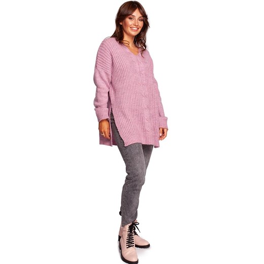 Długi wełniany sweter z dekoltem i rozcięciami różowy BK087, Kolor różowy, S/M okazyjna cena Primodo