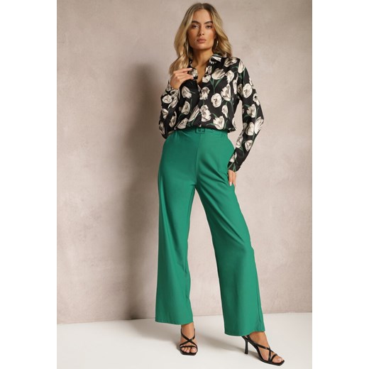 Zielone Spodnie Szerokie w Stylu Paper Bag z Materiałowym Paskiem Xennia ze sklepu Renee odzież w kategorii Spodnie damskie - zdjęcie 170723333