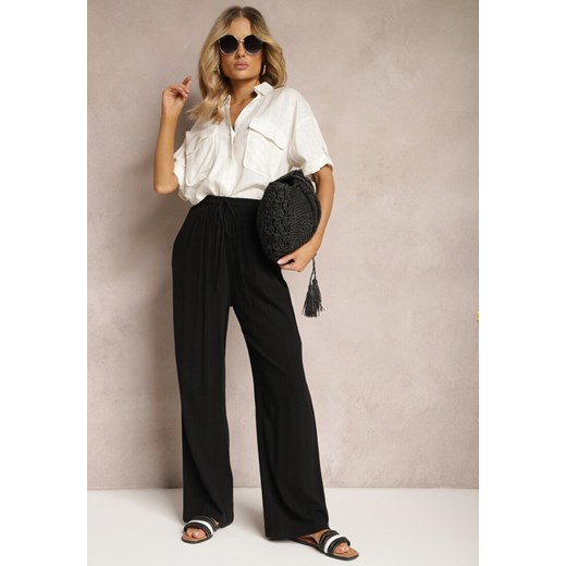 Czarne Szerokie Spodnie z Wiskozy z Dodatkiem Lnu Delsira ze sklepu Renee odzież w kategorii Spodnie damskie - zdjęcie 170723714