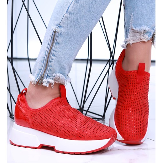Czerwone wsuwane trampki sneakersy na koturnie /F8-3 15735 T218/ ze sklepu Pantofelek24.pl w kategorii Buty sportowe damskie - zdjęcie 170731680