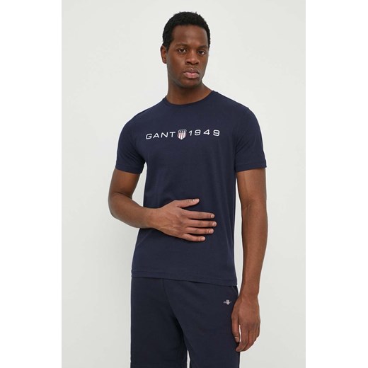 Gant t-shirt bawełniany męski kolor granatowy z nadrukiem ze sklepu ANSWEAR.com w kategorii T-shirty męskie - zdjęcie 170734271
