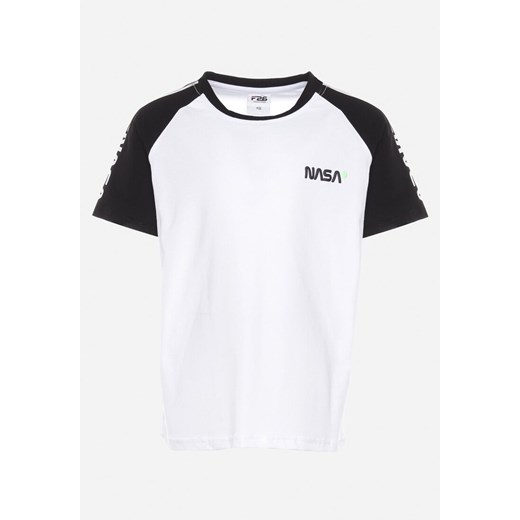 Biała Koszulka T-shirt z Ozdobnymi Lampasami i Napisem z Elastycznej Bawełny  122 okazyjna cena Born2be Odzież