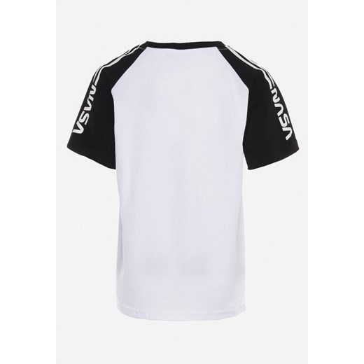 Biała Koszulka T-shirt z Ozdobnymi Lampasami i Napisem z Elastycznej Bawełny  146 wyprzedaż Born2be Odzież