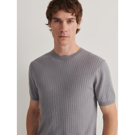 Reserved - T-shirt regular w prążek - szary ze sklepu Reserved w kategorii T-shirty męskie - zdjęcie 170742721