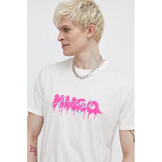 HUGO t-shirt bawełniany męski kolor beżowy z nadrukiem 50515282 ze sklepu ANSWEAR.com w kategorii T-shirty męskie - zdjęcie 170745720