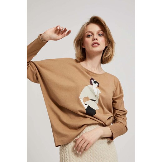 Ciemnobeżowa bluzka damska z długim rękawem z nadrukiem ze sklepu 5.10.15 w kategorii Bluzki damskie - zdjęcie 170772421