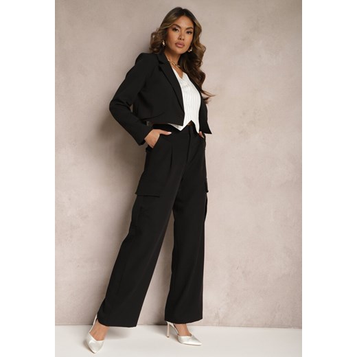 Czarne Szerokie Spodnie High Waist w Eleganckim Stylu z Kieszeniami Cargo Dekanna ze sklepu Renee odzież w kategorii Spodnie damskie - zdjęcie 170777321