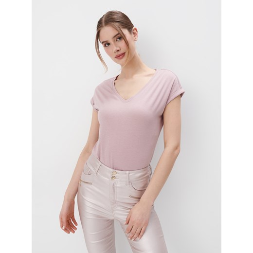 Mohito - Jasnoróżowy t-shirt z modalem - pastelowy różowy ze sklepu Mohito w kategorii Bluzki damskie - zdjęcie 170779420